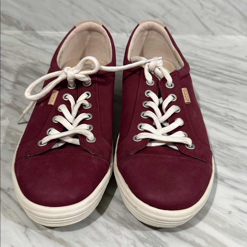 Ecco Burgundy Leather Lace-Up Sneakers with White Soles
